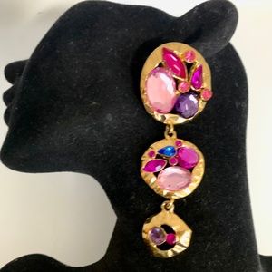 Vintage 90’s PARK LANE 3.5” Long Drop Dangle Earrings Pink Blue Rhinestones Gold